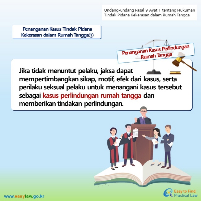 Undang-undang Pasal 9 Ayat 1 tentang Hukuman Tindak Pidana Kekerasan dalam Rumah Tangga Penanganan Kasus Tindak Pidana Kekerasan dalam Rumah Tangga③ Penanganan Kasus Perlindungan Rumah Tangga Jika tidak menuntut pelaku, jaksa dapat mempertimbangkan sikap, motif, efek dari kasus, serta perilaku seksual pelaku untuk menangani kasus tersebut sebagai kasus perlindungan rumah tangga dan memberikan tindakan perlindungan.